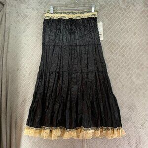 Real Clothing C Skirt Womens Small Black Tiered Silky Satin Midi Lace Trim
